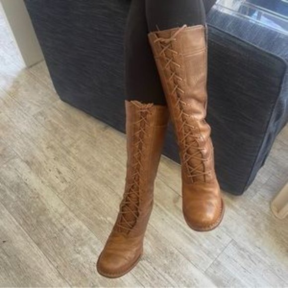 Vintage Frye Villager Brown Leather Knee High Tall Heeled Zip Up Lace Up Boots - Picture 5 of 15